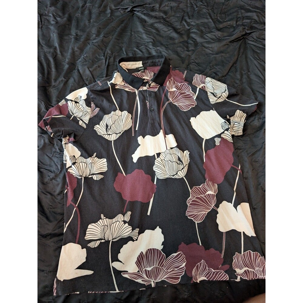 Express Mens XL Floral Print Short Sleeve Button Up Polo Shirt Black Red White